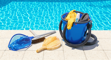 Pool cleaning equipment neatly arranged beside a crystal clear swimming pool, skimmer net, pool brush, testing kit, bright sunny day, clean pool deck, professional pool maintenance setup
