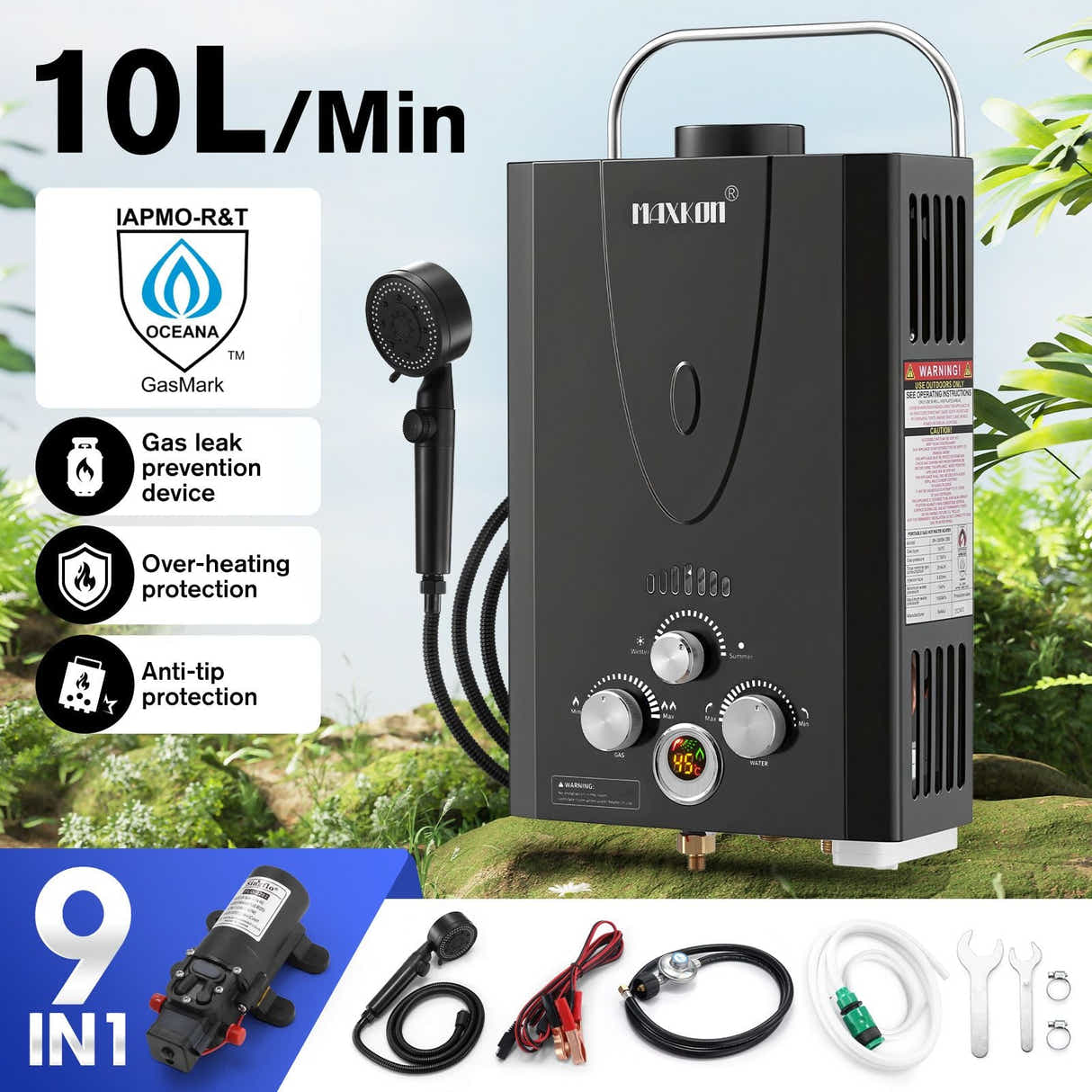 DS BD Maxkon Gas Hot Water Heater 9 in 1 10L Tankless Camping Shower Pump System