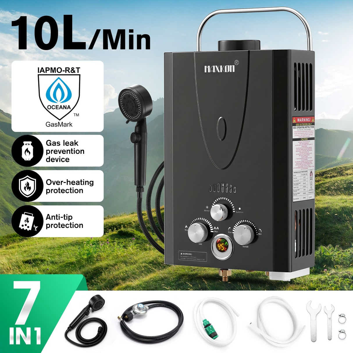DS BD Maxkon Gas Hot Water Heater Instant Camping Shower System 7 in 1 10L