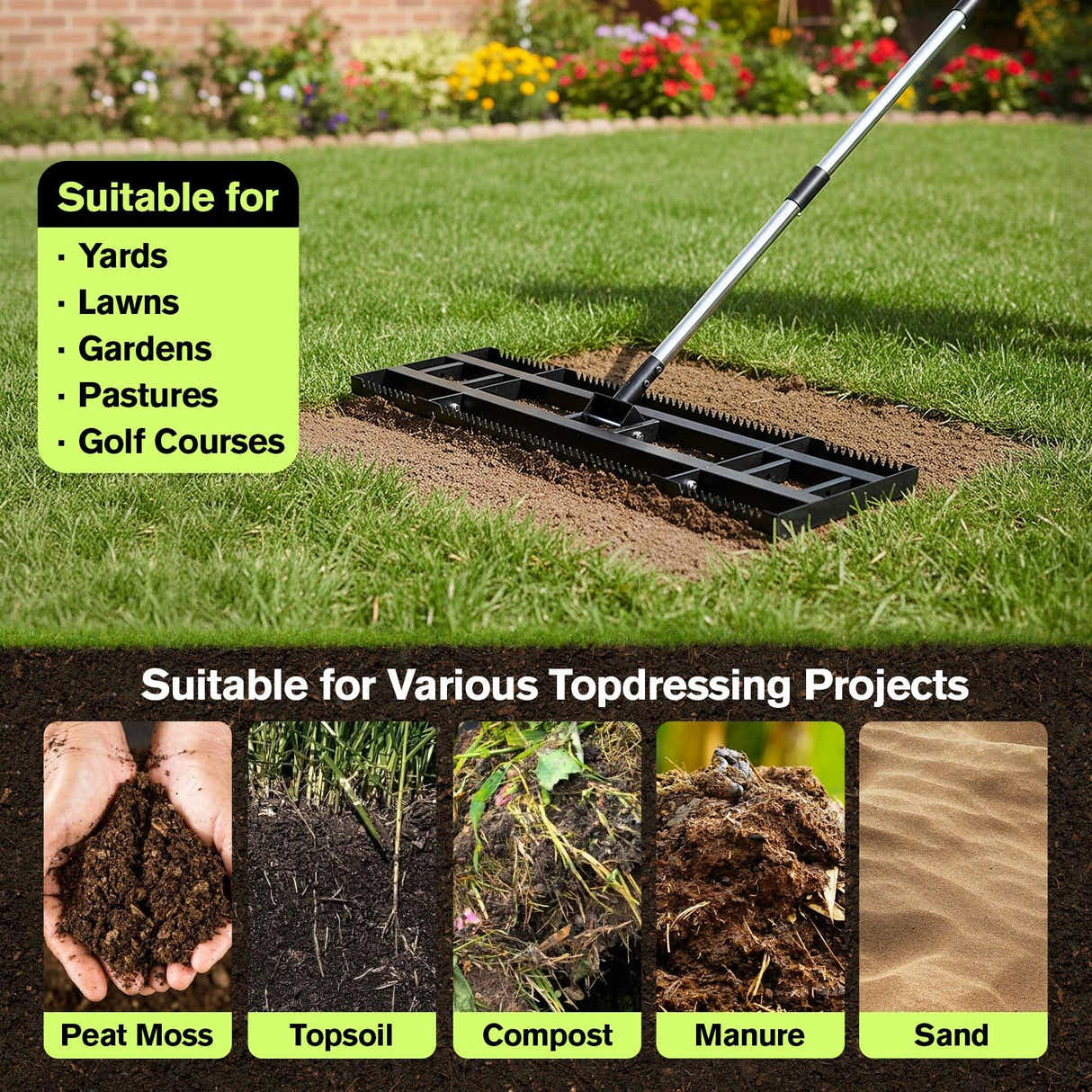 DS BD Lawn Leveling Rake Top Soil Spreader Leveller 76x26cm Base Ground Grass