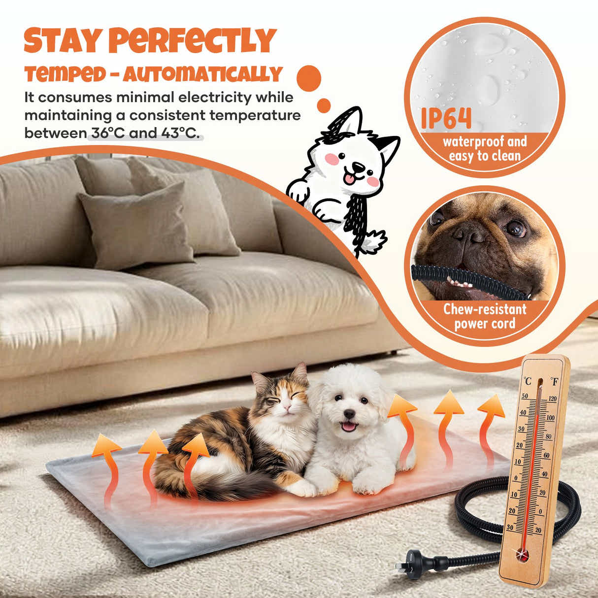 DS BD Pet Dog Heating Pad Heated Cat Bed Blanket Waterproof Electric Heater60x45