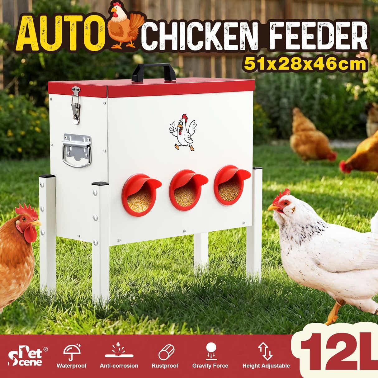 DS BD Chicken Bird Feeder 12L Automatic Gravity Food Dispenser 6 PVC Ports