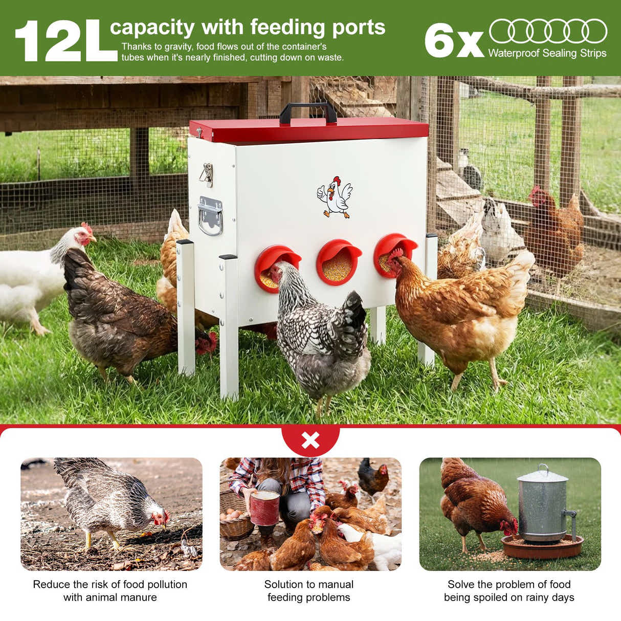 DS BD Chicken Bird Feeder 12L Automatic Gravity Food Dispenser 6 PVC Ports