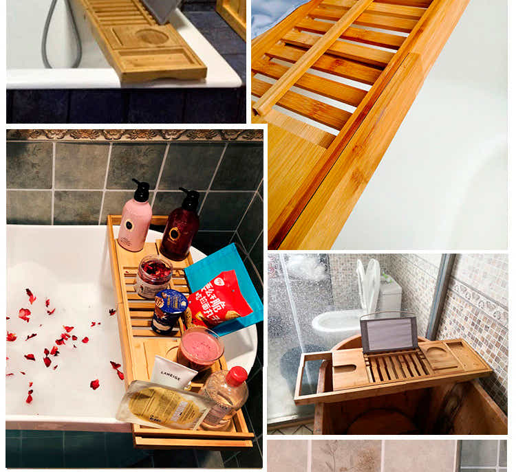 DS BS Bamboo Bathtub Caddy Tray with Extending Sides