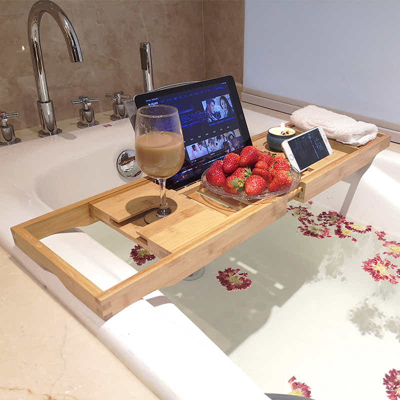 DS BS Bamboo Bathtub Caddy Tray with Extending Sides