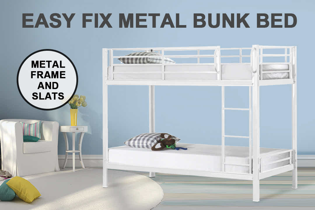Easy Fix Metal Bunk Bed - White & Mattress Bon10 Single x2