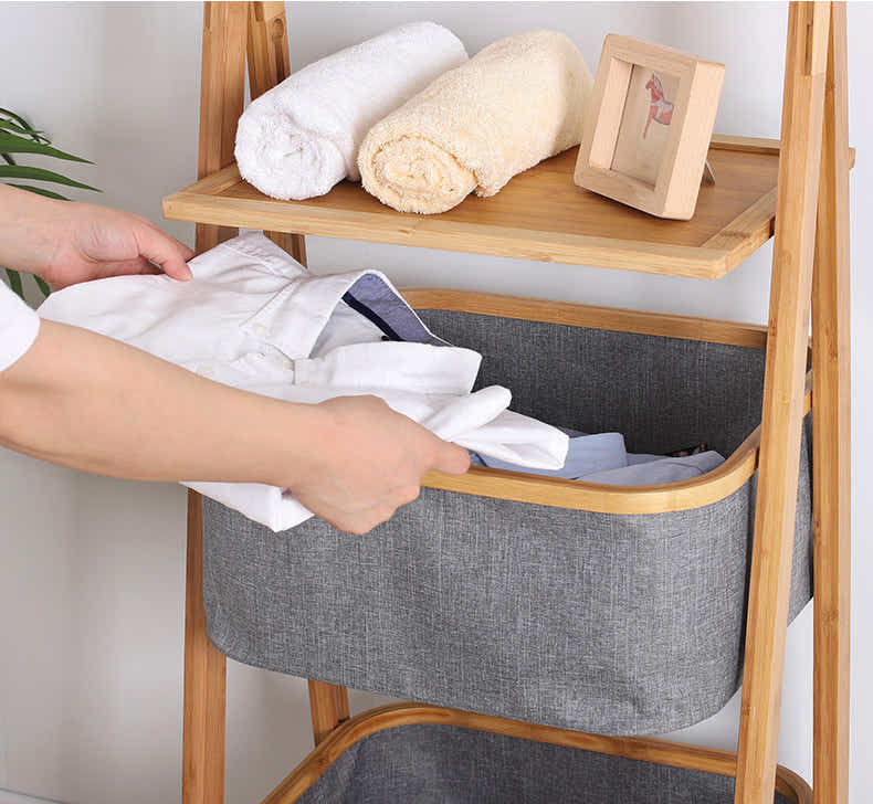 DS BS Natural Bamboo 2-Tier Laundry Basket Rack with Shelf