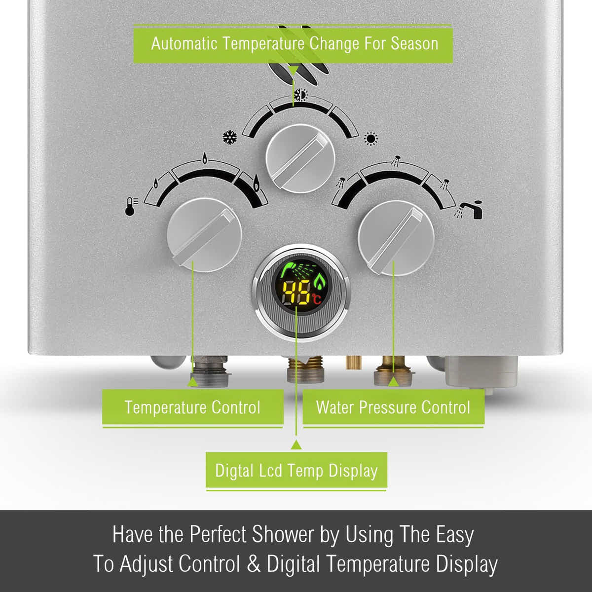 DS BD MAXKON 6 in 1 520L/Hr Portable Gas Instant Shower Water Heater Silver