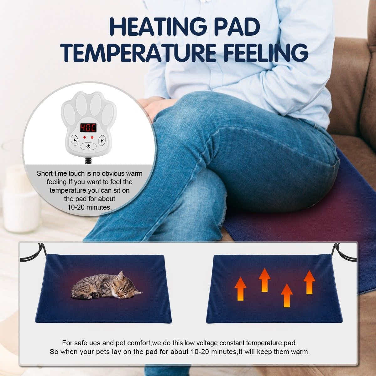 DS BD Pet Heated Mat Dog Pad Cat Electric Heater Waterproof Cover 65x40cm Blue