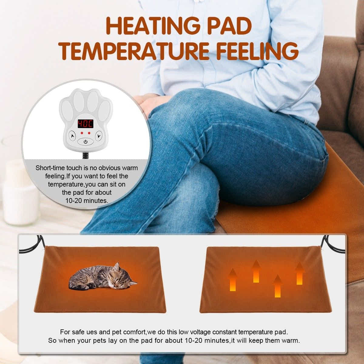 DS BD Heating Pad Dog Cat Electric Heated Mat Waterproof Cover 65x40cm Brown