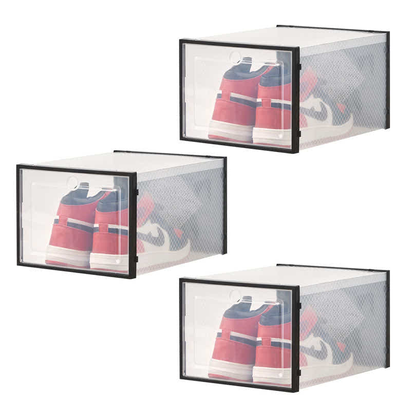 DS BS 3 Pack Plastic Stackable Shoe Storage Box with Lids-Black