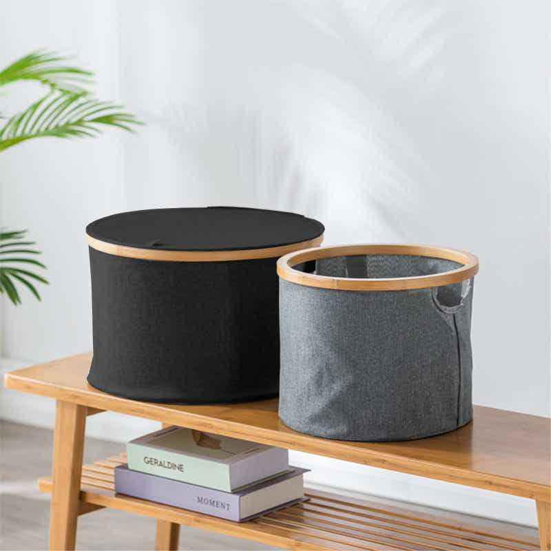 DS BS Bamboo-framed Large Laundry Hamper with Lid Cylinder Black