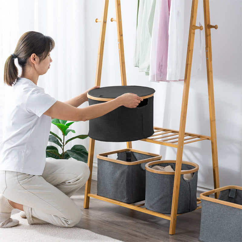 DS BS Bamboo-framed Large Laundry Hamper with Lid Cylinder Black