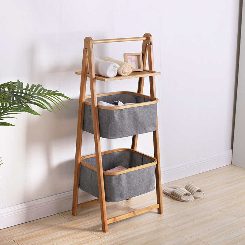 DS BS Natural Bamboo 2-Tier Laundry Basket Rack with Shelf