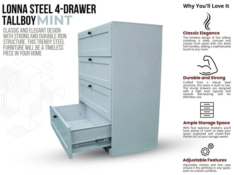 Lonna Steel 4-Drawer Tallboy - Mint