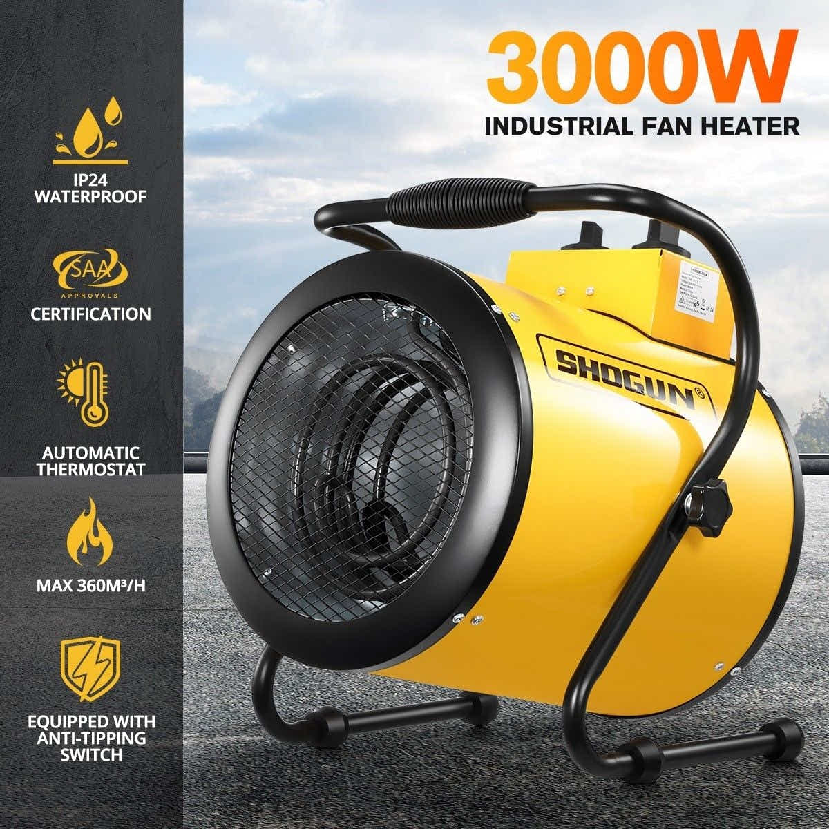 DS BD 2-in-1 3000W Electric Industrial Fan Heater Free Standing SAA Yellow