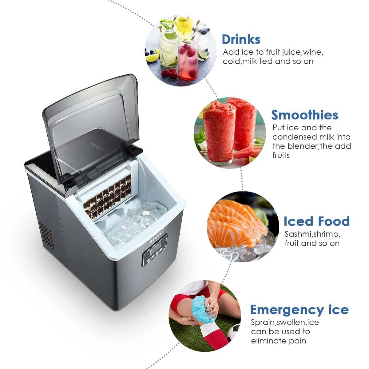 DS BD Maxkon 17KG Portable Commercial Ice Maker Stainless Steel Freezer Black