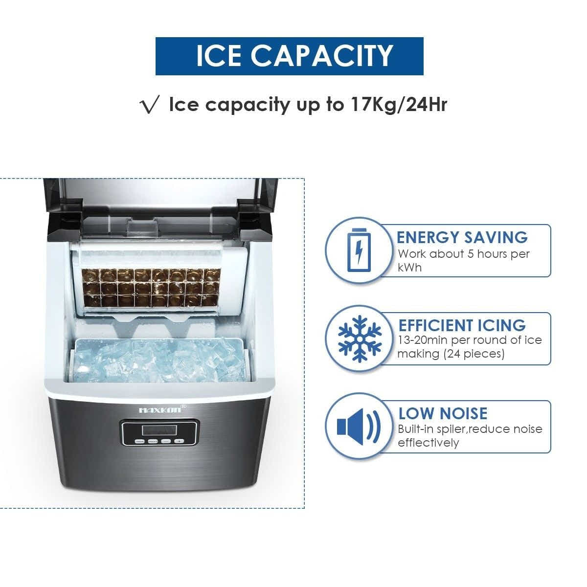 DS BD Maxkon 17KG Portable Commercial Ice Maker Stainless Steel Freezer Black