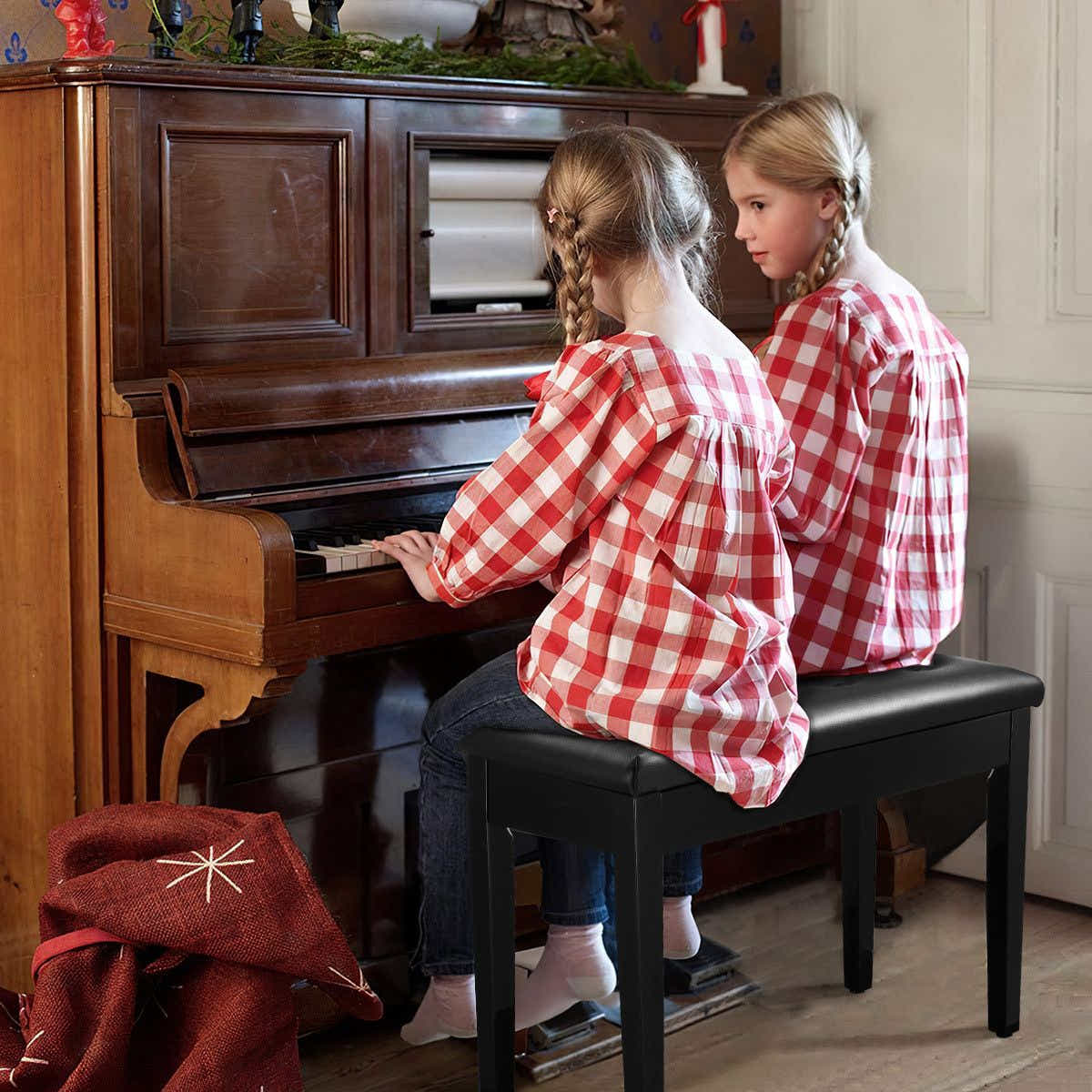 DS BD Melodic Wood Duet Piano Bench Keyboard Stool Seat with Storage