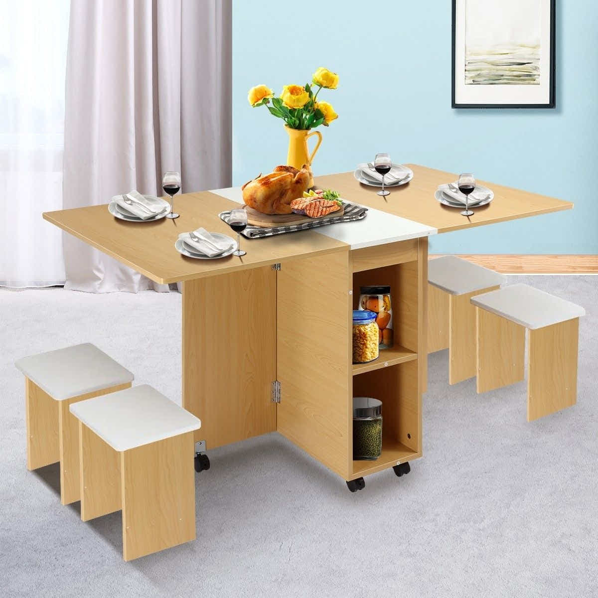DS BD Multifunctional 5 Piece Foldable Dining Table and Chair Set Wooden Home