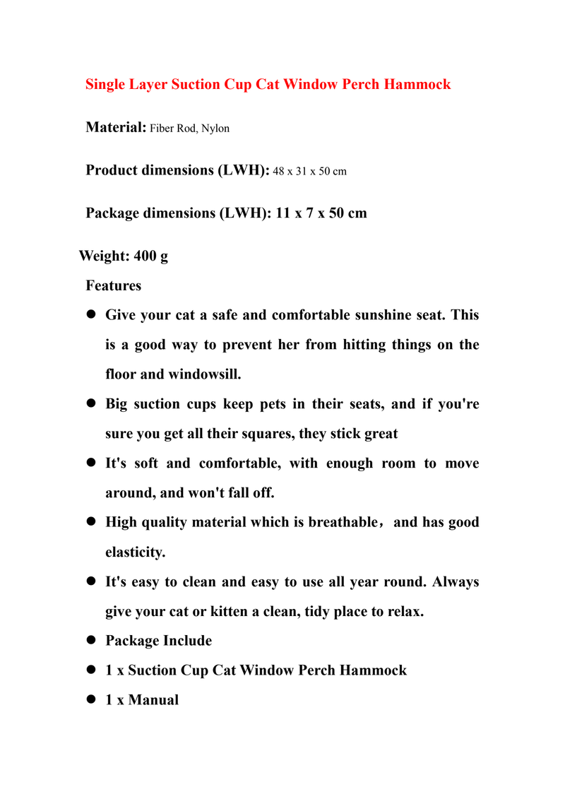 DS BS Single Layer Suction Cup Cat Window Perch Hammock