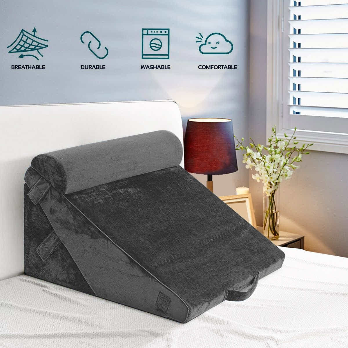 DS BD Bed Wedge Pillow Set Triangle Cushion Memory Foam Back Adjustable Gray
