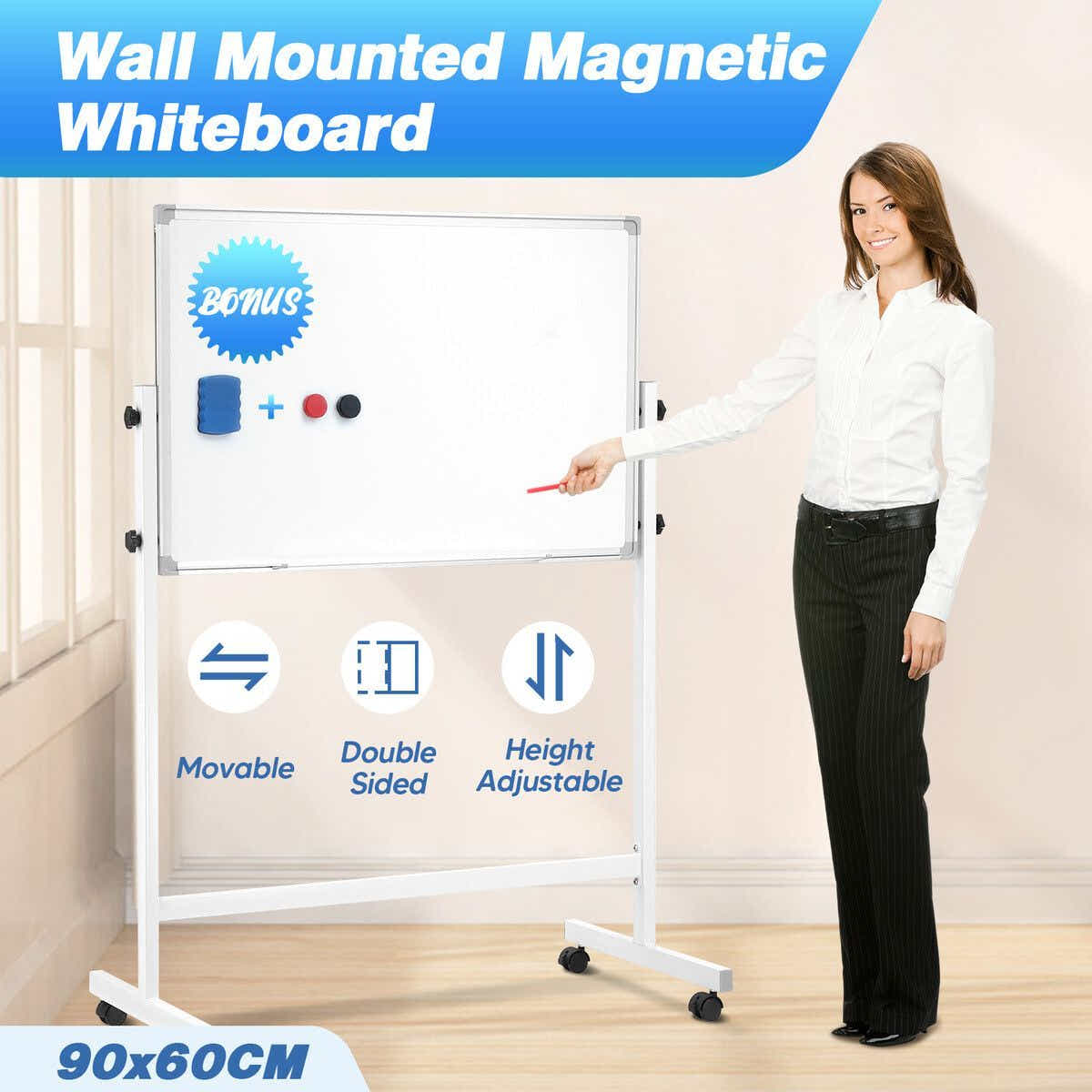 DS BD Double Sided Magnetic Whiteboard Mobile White Board Dry Adjustable Height