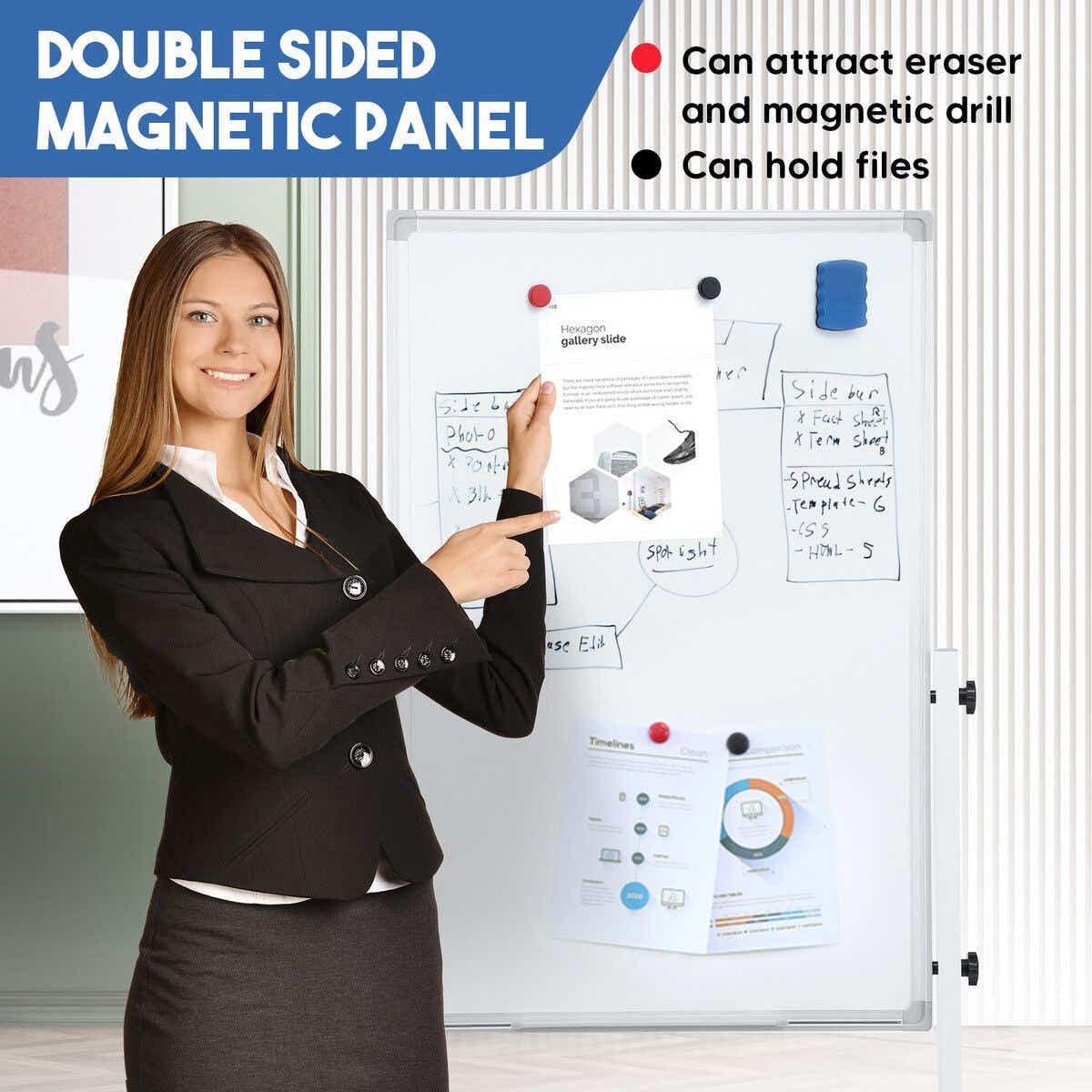 DS BD Double Sided Interactive Whiteboard Mobile White Board Dry Stand 60cmx90cm
