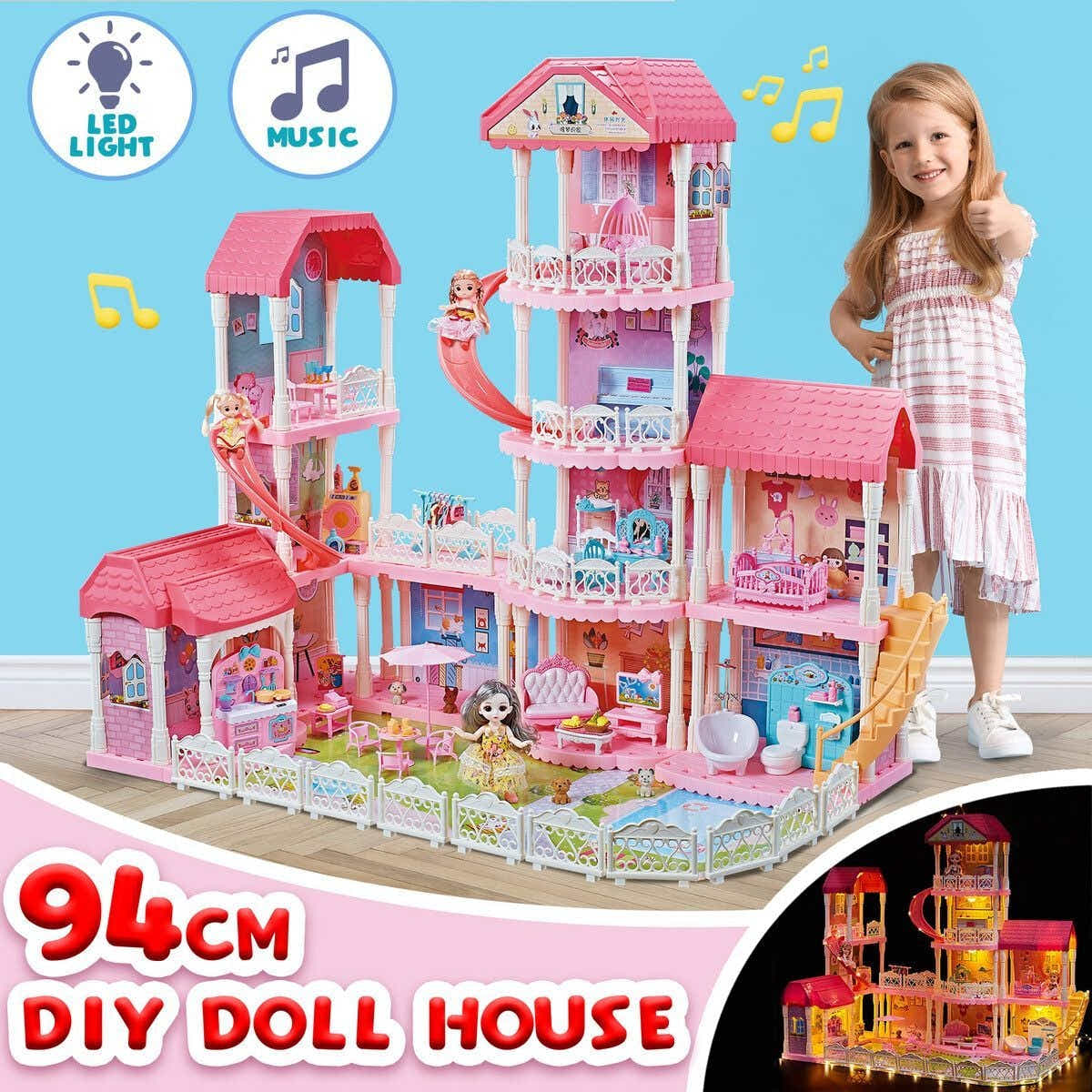 DS BD Doll House Dream Playhouses Toys Dollhouse Music 11 Rooms 4 Stories 93cm
