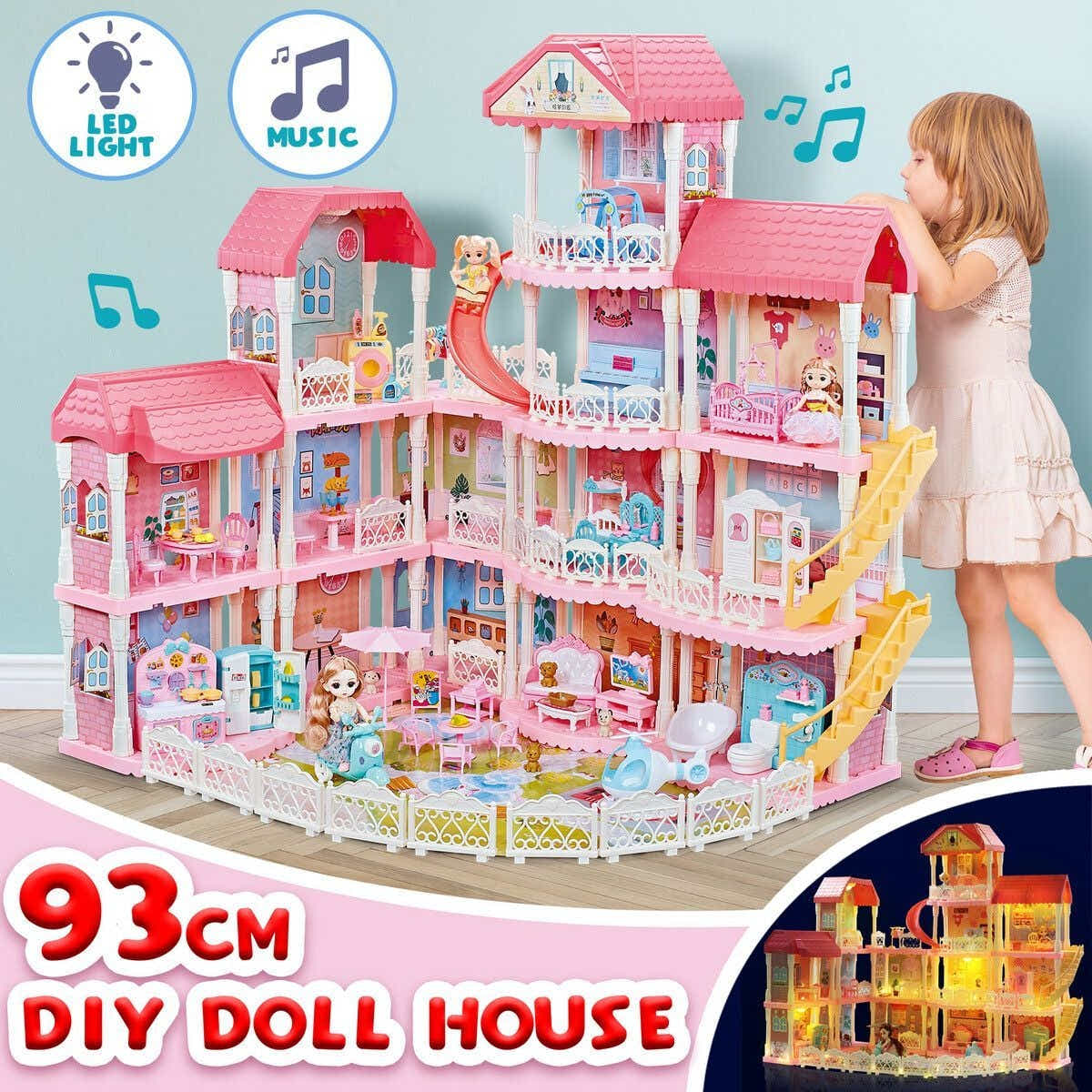 DS BD Doll House Dream Playhouses Toys Dollhouse Music 14 Rooms 4 Stories 93cm
