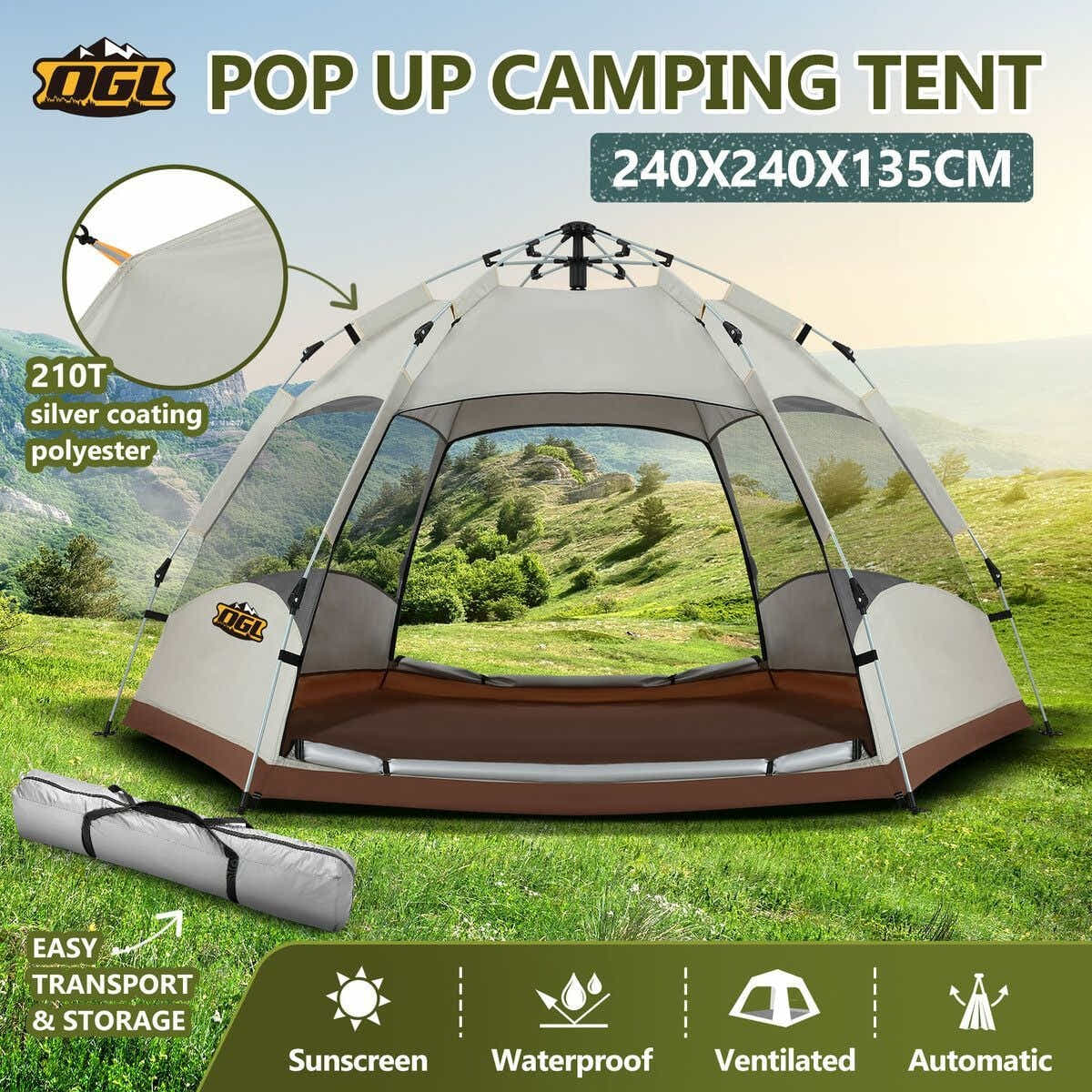 DS BD 4 Man Beach Tent Shelter Camping Pop Up Outdoor 240x240x135cm Creamy White