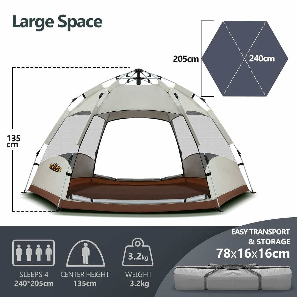 DS BD 4 Man Beach Tent Shelter Camping Pop Up Outdoor 240x240x135cm Creamy White