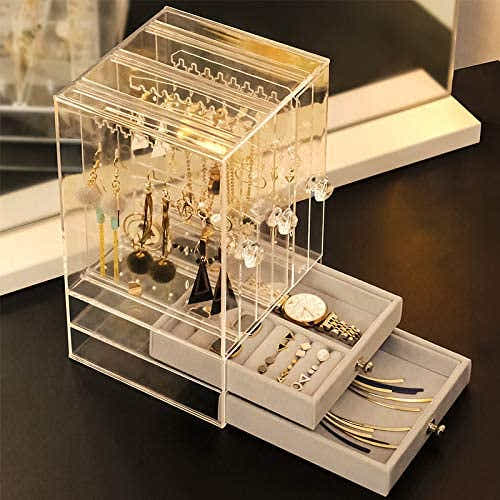 DS BS Acrylic Earring Holder and Jewelry Organizer 3 Slots 2 Drawers