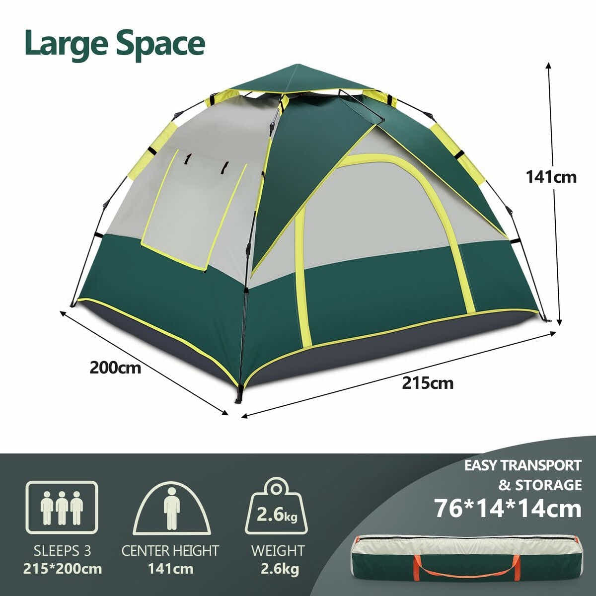 DS BD OGL 3 Person Tent Pop Up Instant Waterproof 215x200x141cm Green White