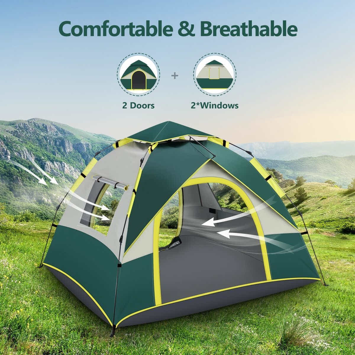 DS BD OGL 3 Person Tent Pop Up Instant Waterproof 215x200x141cm Green White