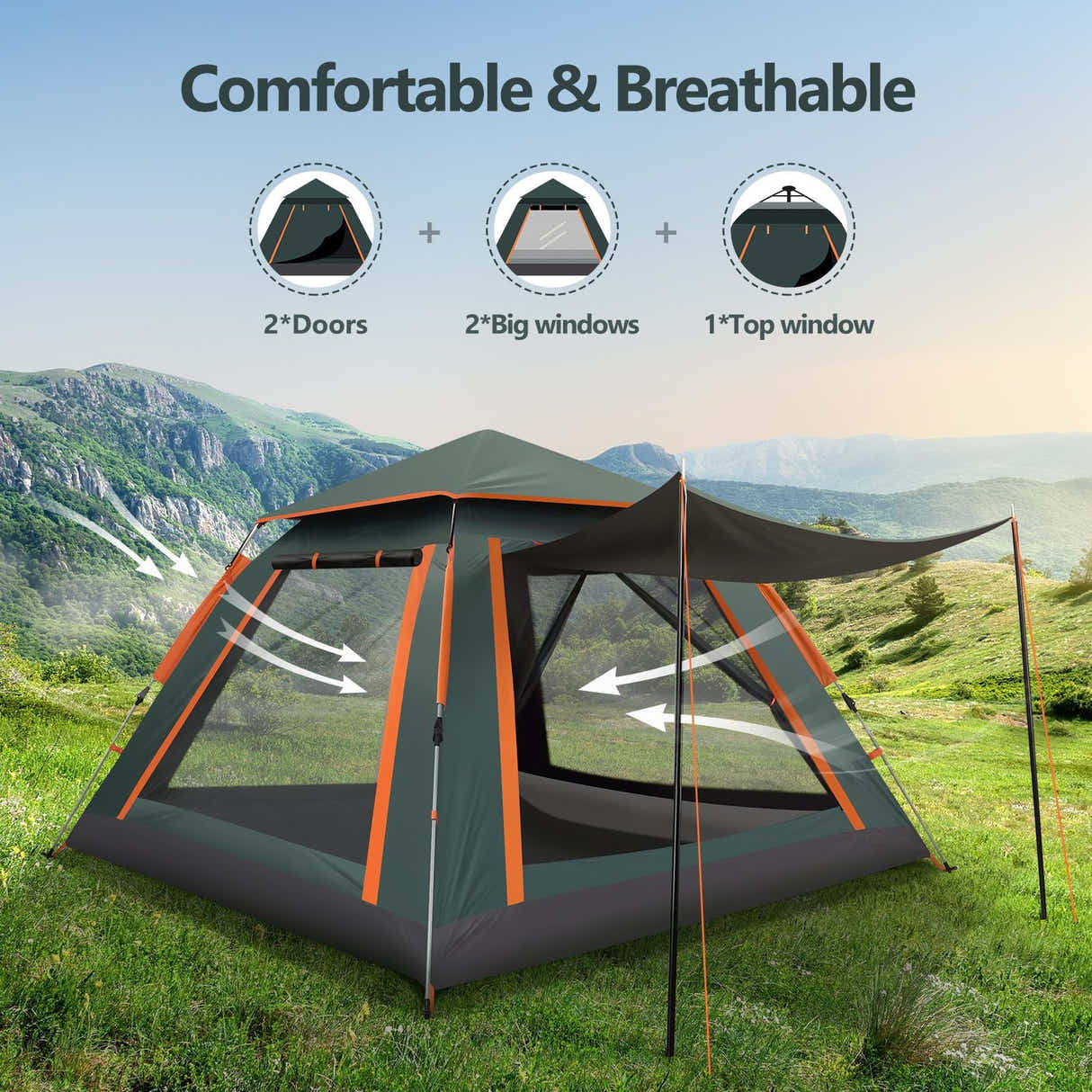 DS BD 5 Man Tent Pop Up Family Party Waterproof Outdoor 265x265x190cm Green