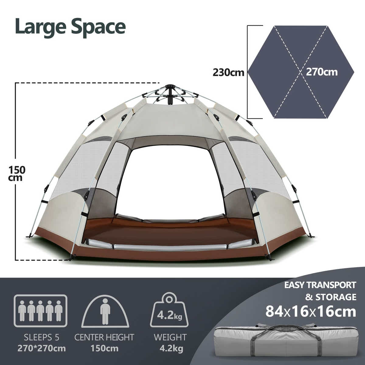 DS BD 5 Person Pop Up Tent Beach Shelter Waterproof 270x270x150cm Creamy white