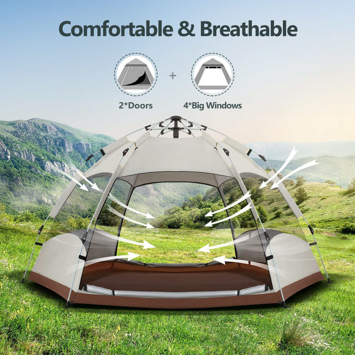 DS BD 5 Person Pop Up Tent Beach Shelter Waterproof 270x270x150cm Creamy white