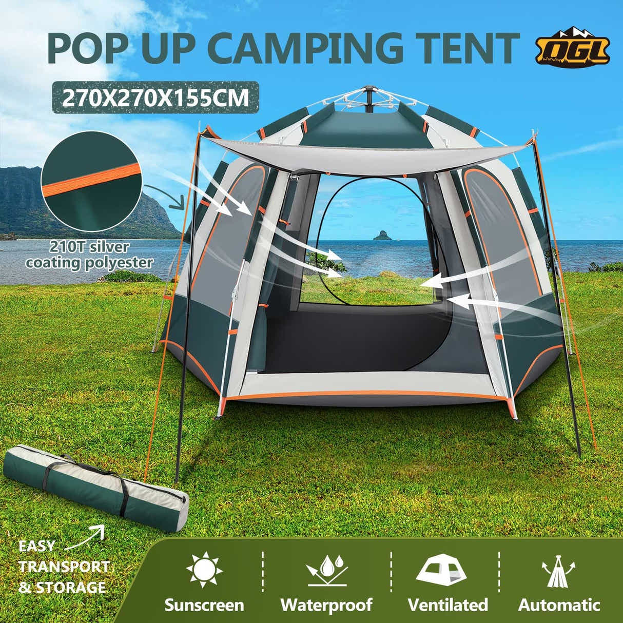 DS BD 5 Person Tent Instant Pop Up Beach Waterproof 270x230x155cm Green White
