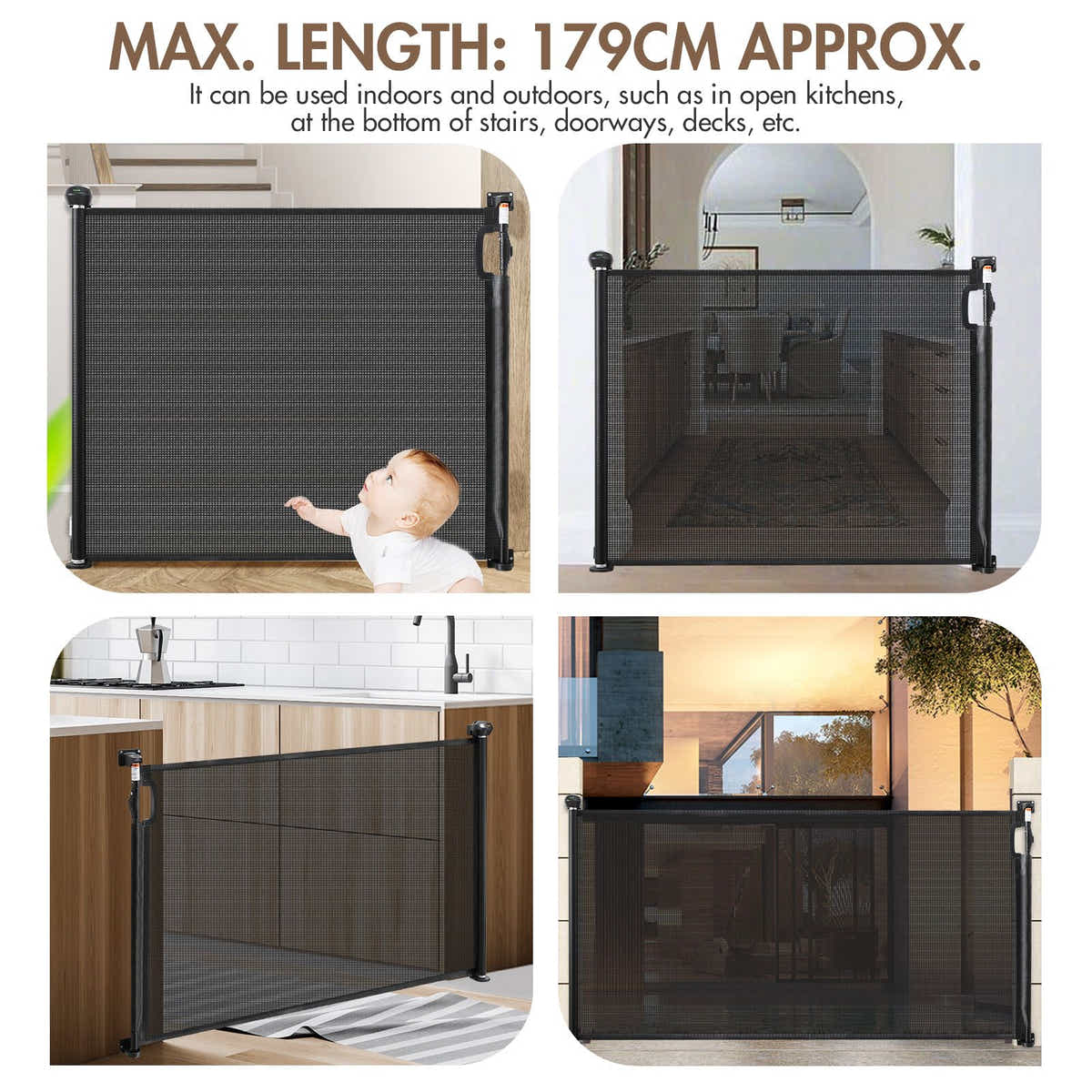 DS BD Retractable Baby Gate Pet Safety Fence Dog Safe Guard Outdoor 179cm Black