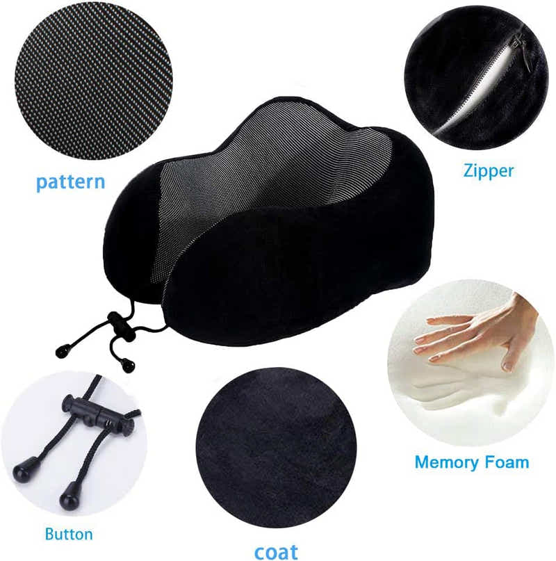 DS BS 4Pcs Airplane Travel Kit With Neck Pillow,Eye Masks,Earplugs-Black