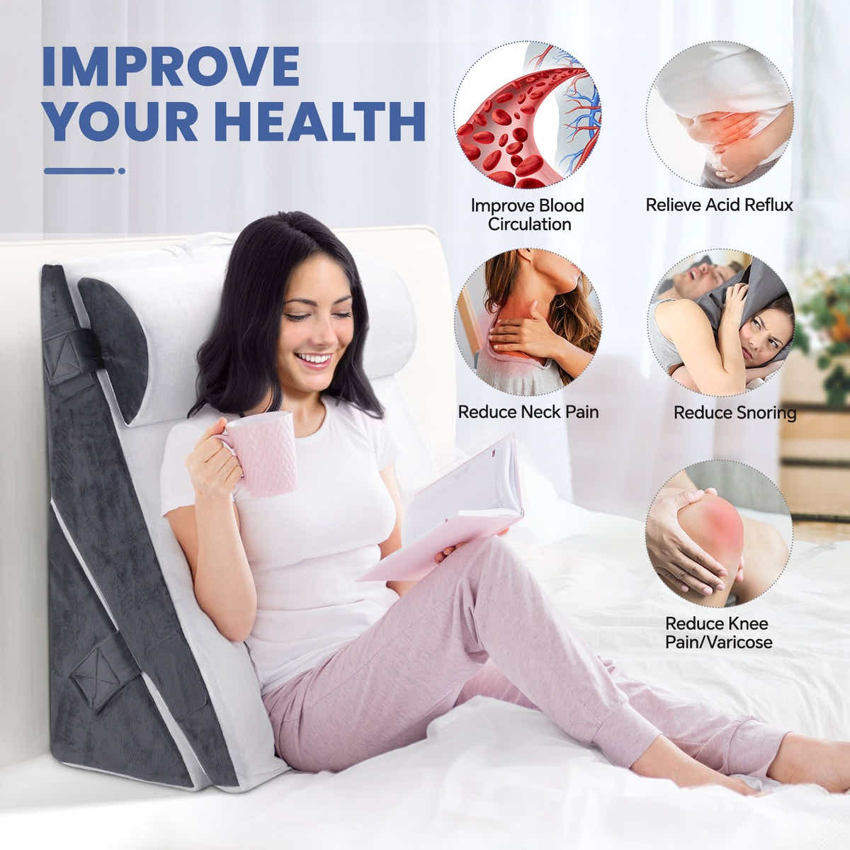 DS BD 3 Piece Bed Wedge Pillow Set Back Support Fabric Backrest Cushion Grey