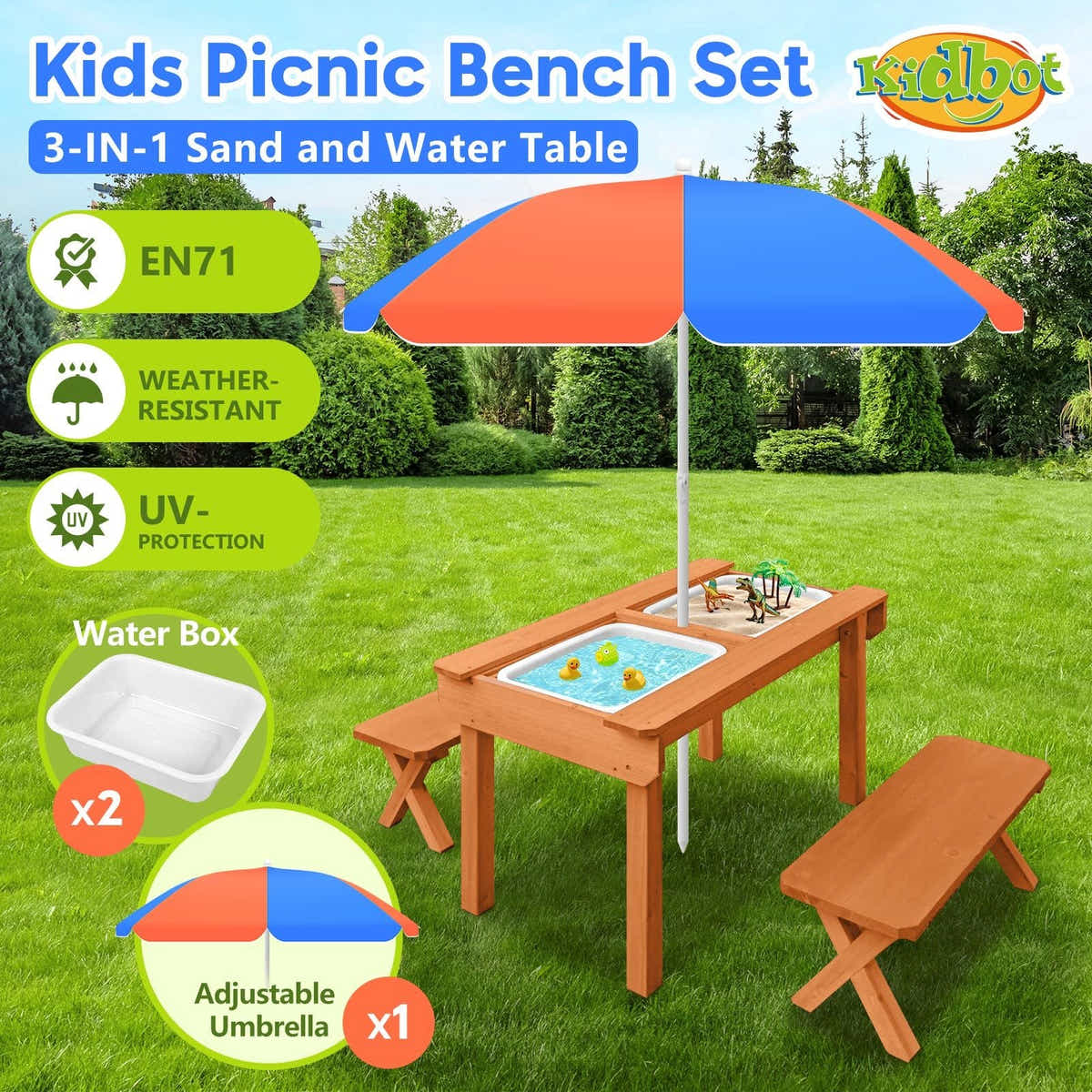 DS BD Kids Sand and Water Table Wooden Bench Adjustable Umbrella Storage Playset