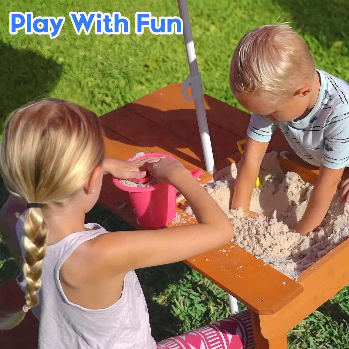 DS BD Kids Sand and Water Table Wooden Bench Adjustable Umbrella Storage Playset