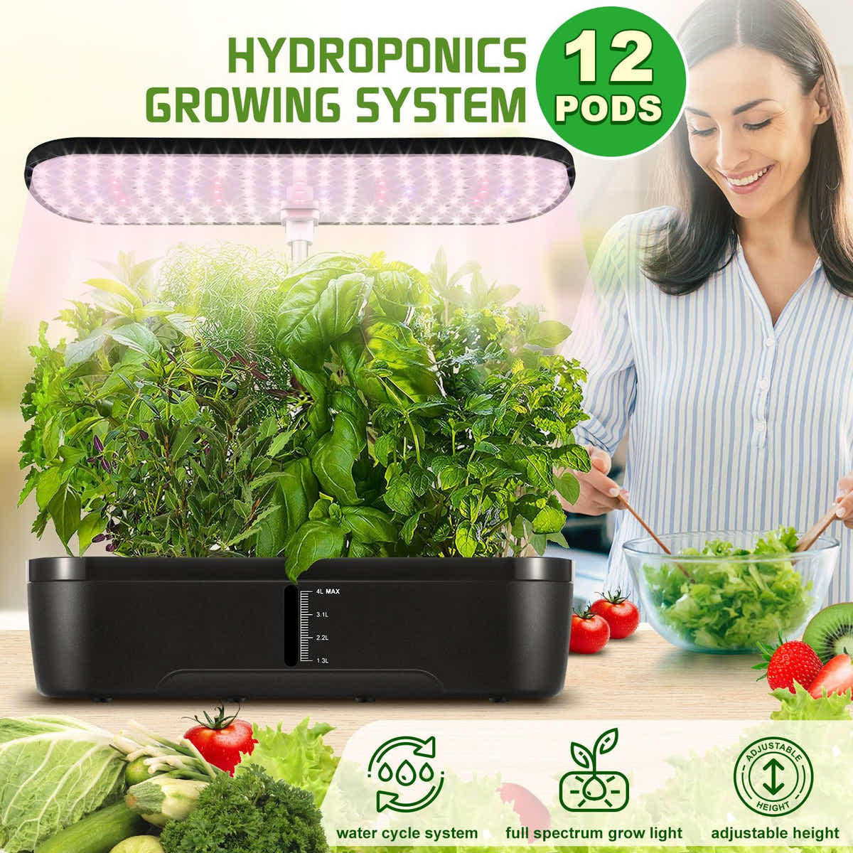 DS BD 12 Pods Hydroponics Growing Herb Kit Spectrum 20W LED Light Pump 4L Tank