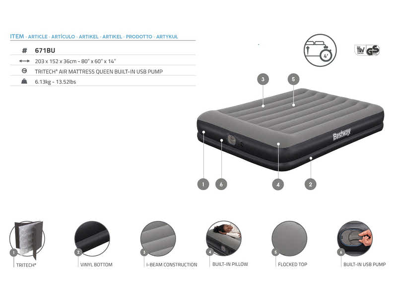 Bestway 2.03m x 1.52m x 36cm Tritech Air Mattress Queen Built-in USB pump 671BU