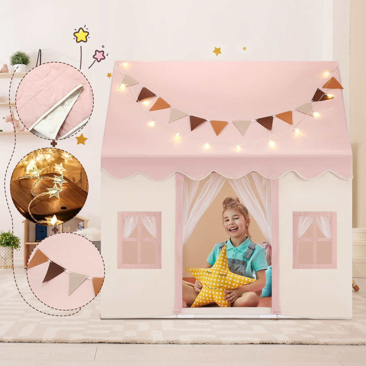 DS BD Kids Playhouse Tent Toys Castle Pink Boys Girls Banner 1 Door 3 Windows