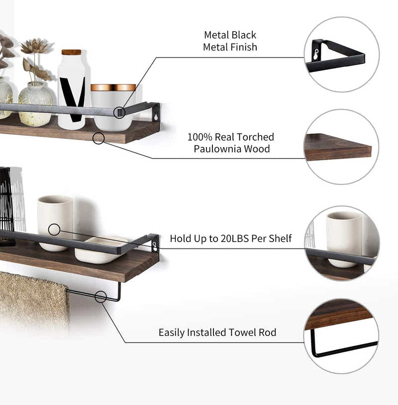 DS BS 2 Tier Rustic Floating Wall Shelves with Rails