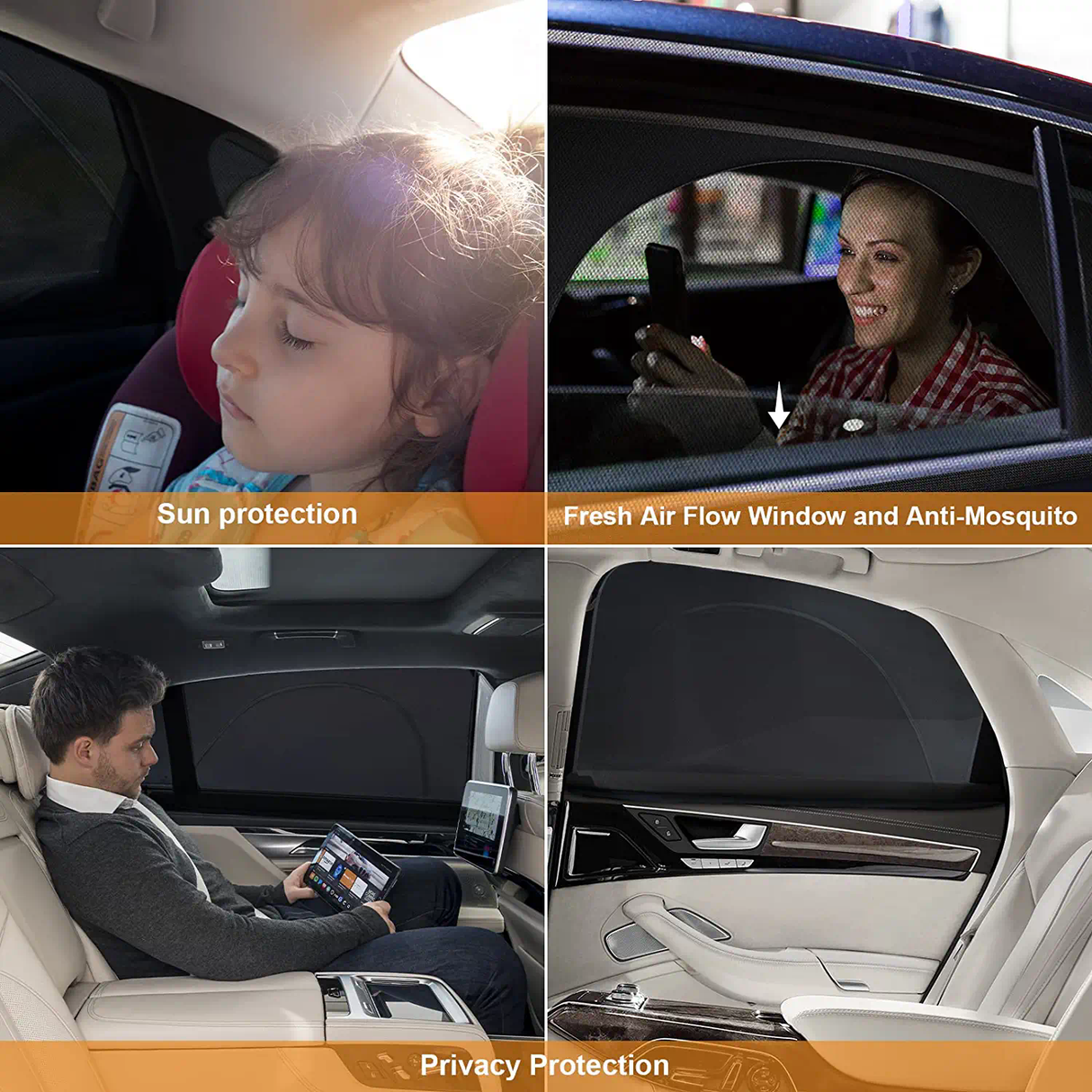 DS BS 2 Pack Breathable Zip Retractable Mesh Rear Window-SEDAN