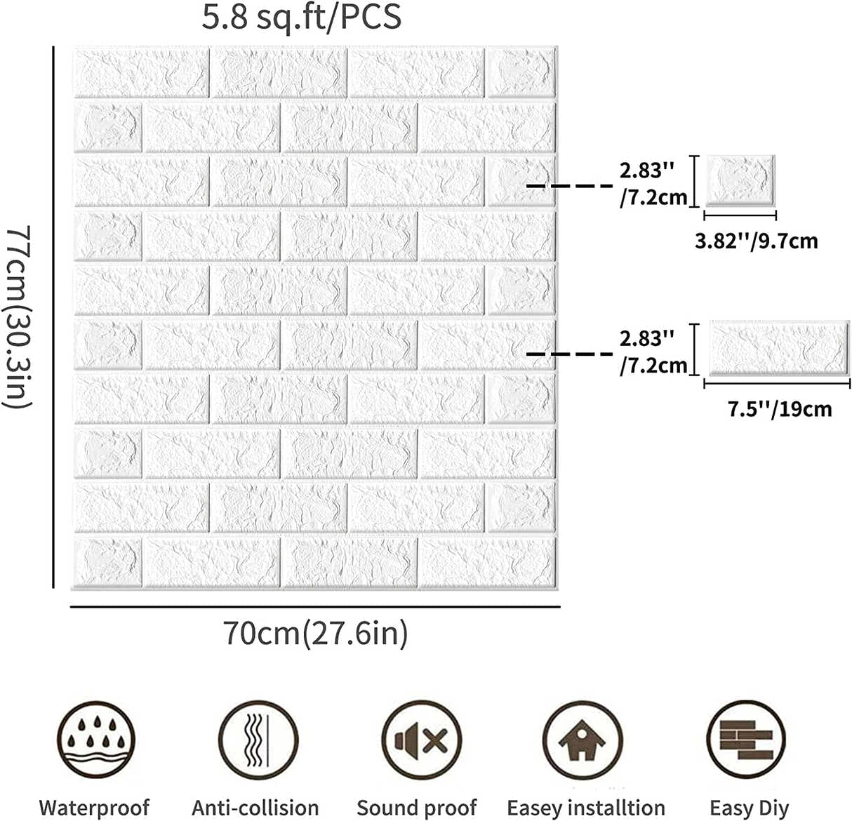 DS BS 5Pcs 3D Brick Self Adhesive Wallpaper Panels 70X75CM-White